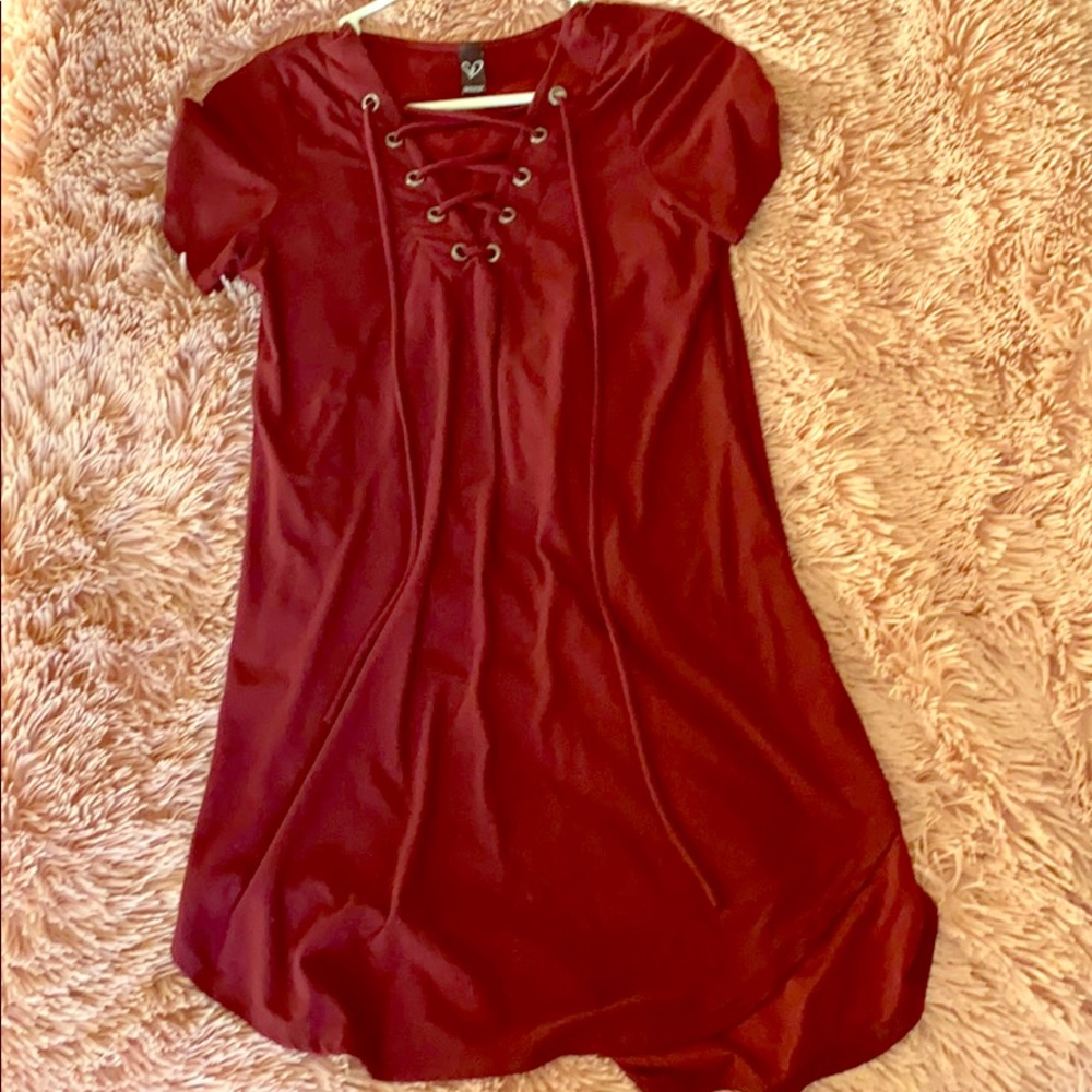 Large shirt worn as small, lace up dress! Maroon